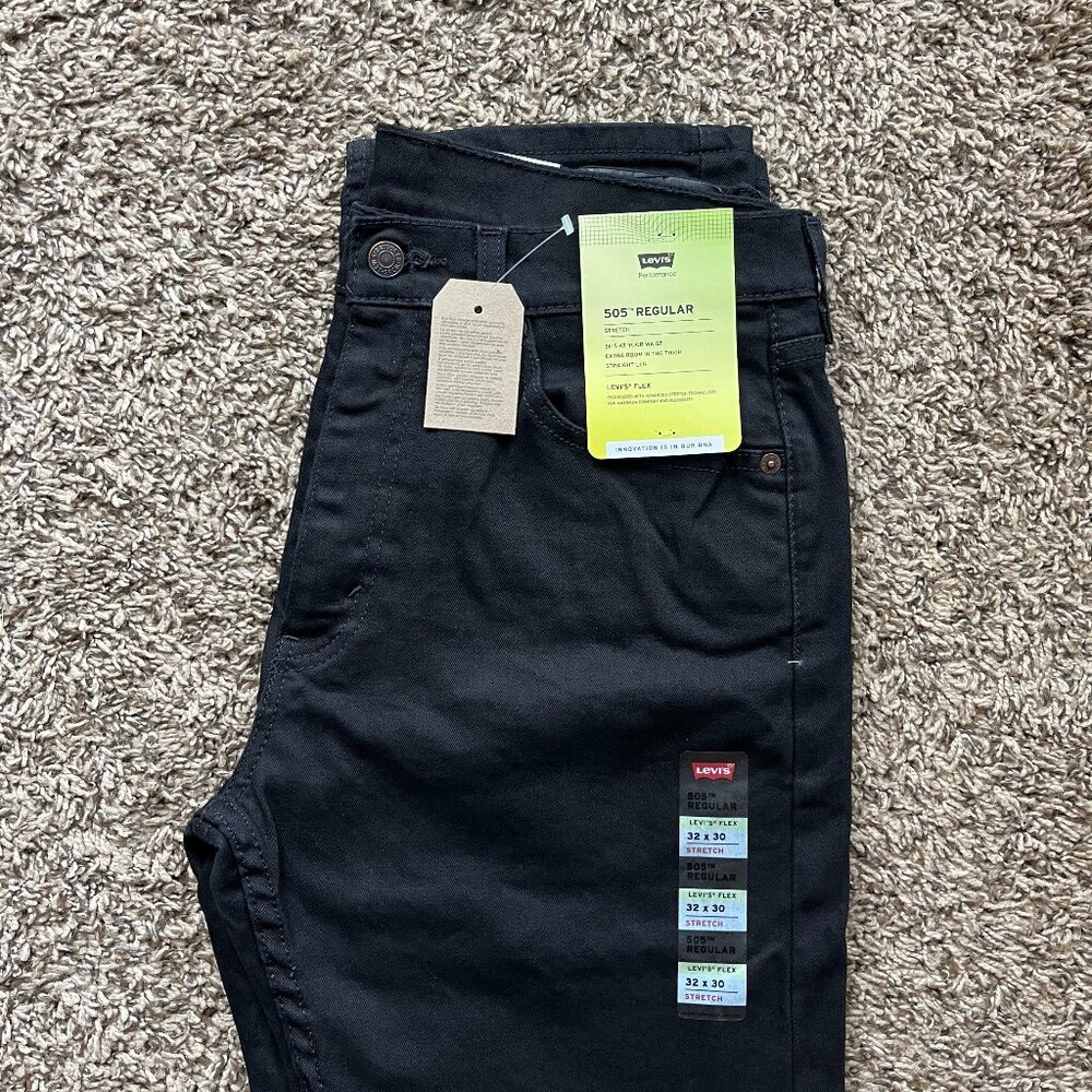 NEW! LEVI'S 505 Regular fit flex stretch jeans, NWT, black, 32 x 30, Native Cali